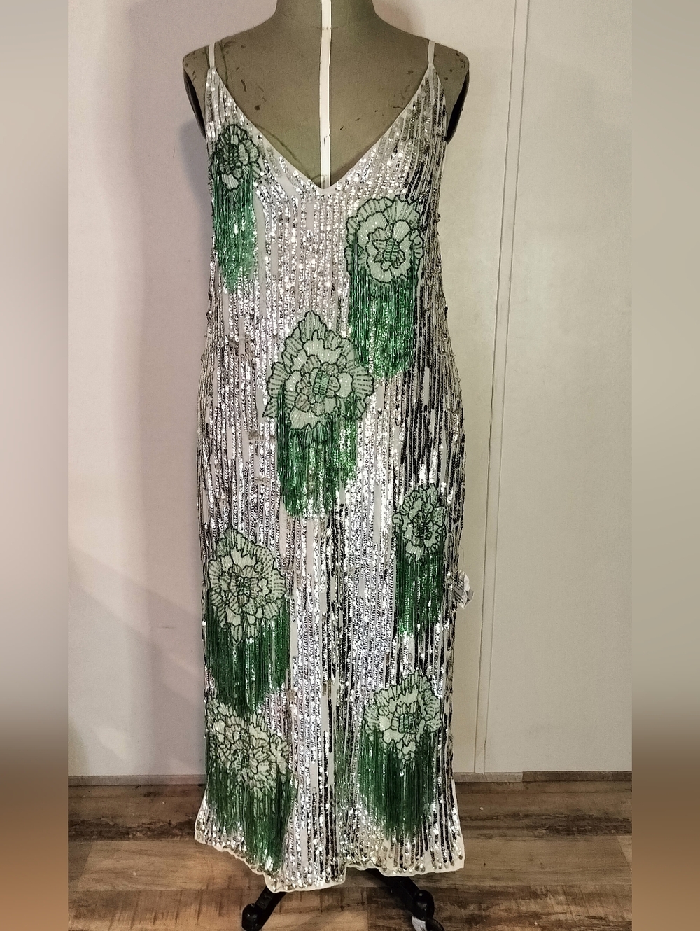 Silver Sequin Slip Dress with Green Floral Fringe - Picture 1 of 5